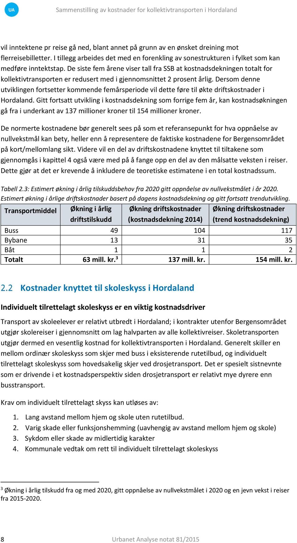 Dersom denne utviklingen fortsetter kommende femårsperiode vil dette føre til økte driftskostnader i Hordaland.