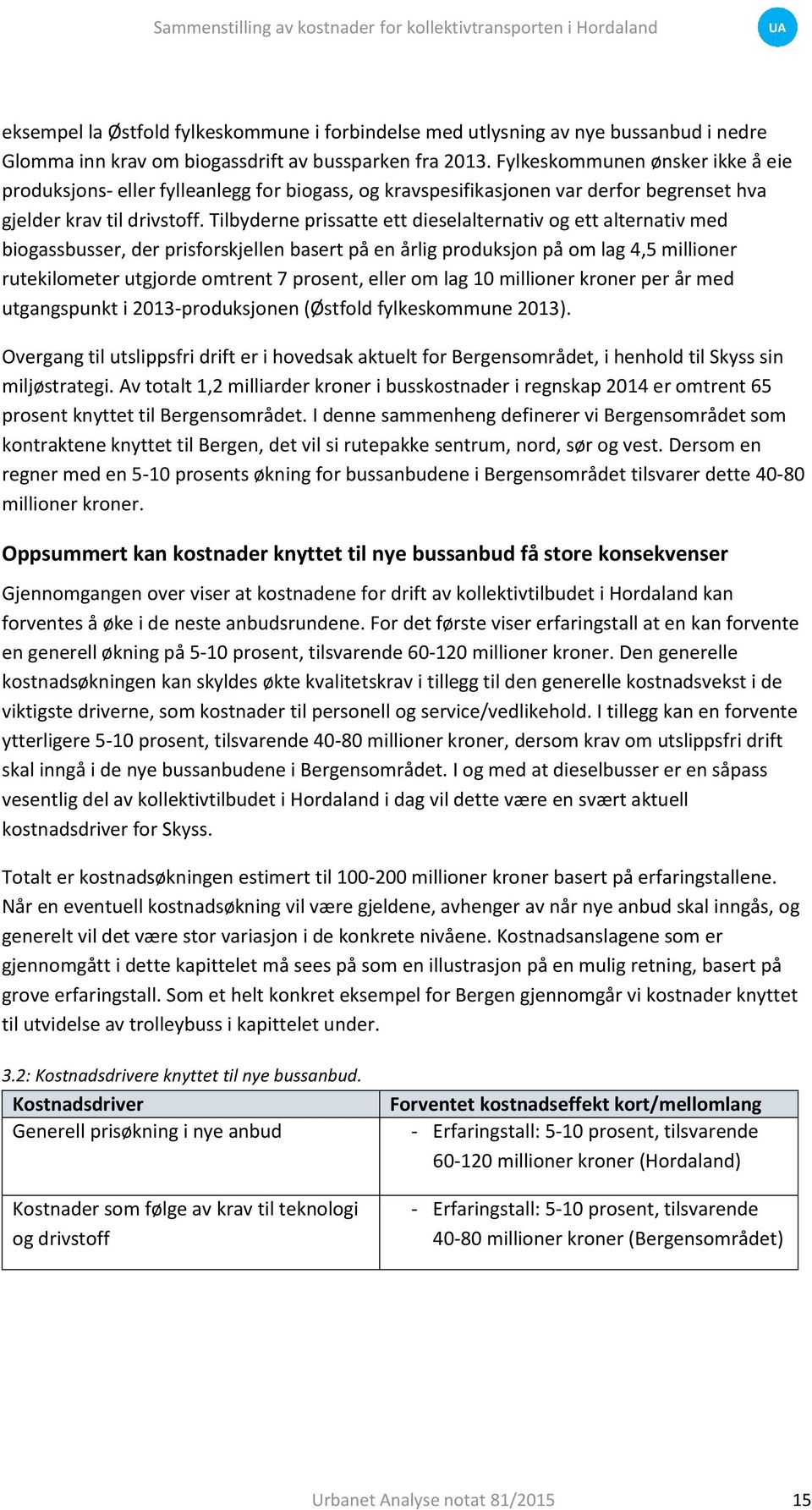 Tilbyderne prissatte ett dieselalternativ og ett alternativ med biogassbusser, der prisforskjellen basert på en årlig produksjon på om lag 4,5 millioner rutekilometer utgjorde omtrent 7 prosent,