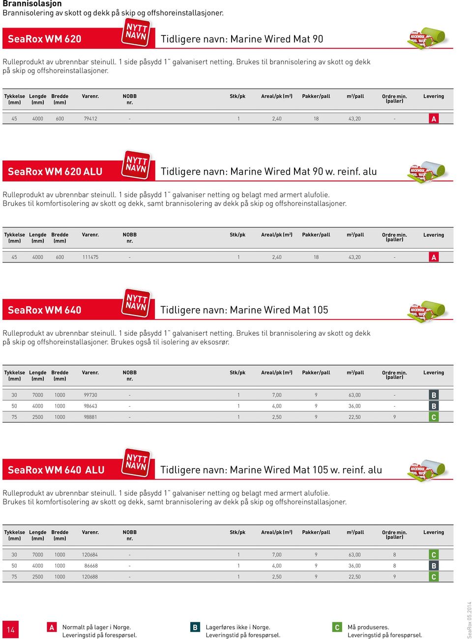 45 4000 600 79412-1 2,40 18 43,20 - A SeaRox WM 620 ALU Tidligere navn: Marine Wired Mat 90 w. reinf. alu Rulleprodukt av ubrennbar steinull.