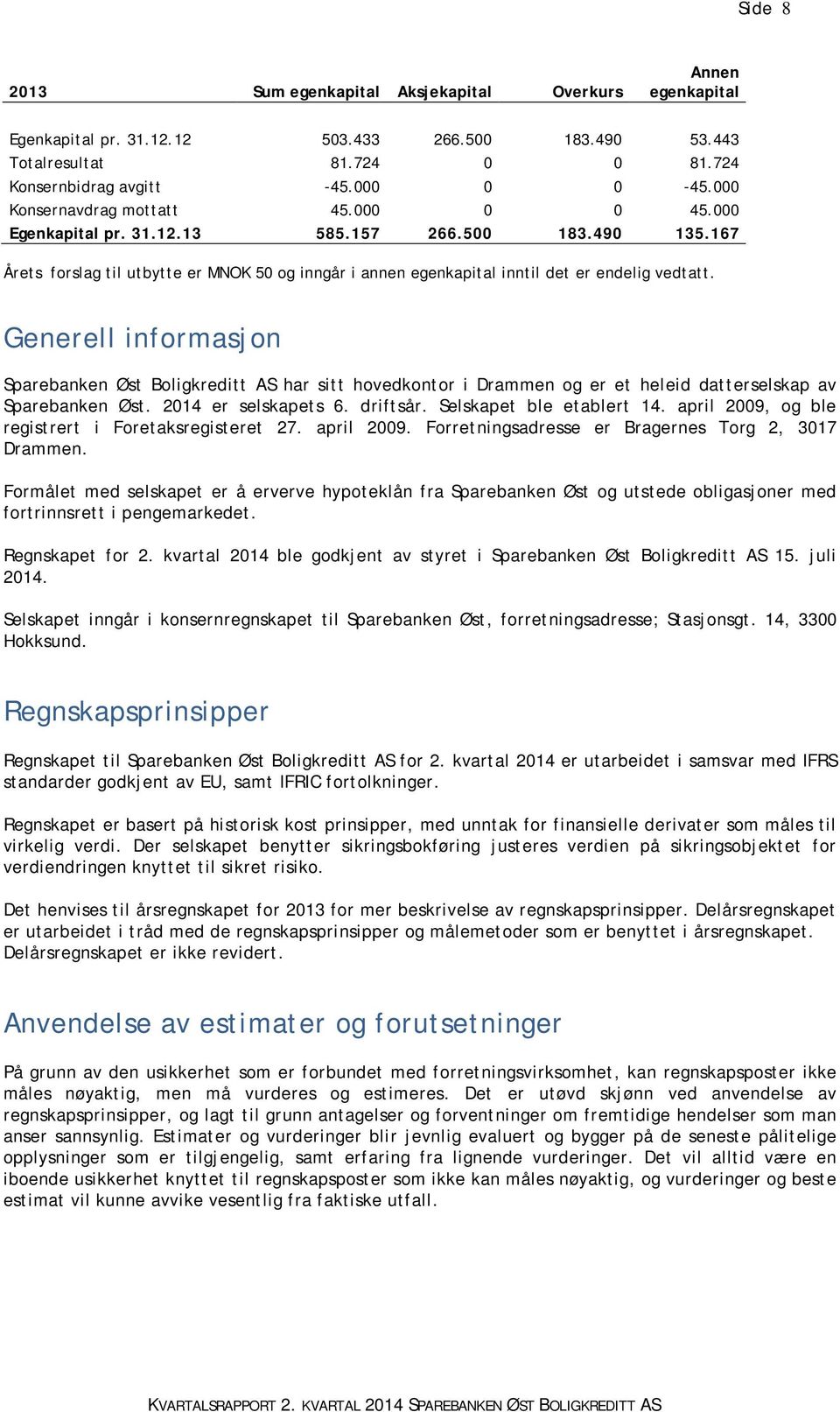 Generell informasjon Sparebanken Øst Boligkreditt AS har sitt hovedkontor i Drammen og er et heleid datterselskap av Sparebanken Øst. 2014 er selskapets 6. driftsår. Selskapet ble etablert 14.