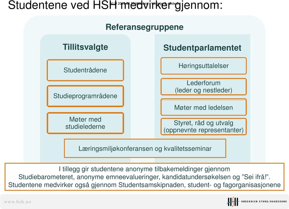 studielederne Studentparlamentet Høringsuttalelser Lederforum (leder og nestleder) Møter med ledelsen Styret, råd og utvalg (oppnevnte