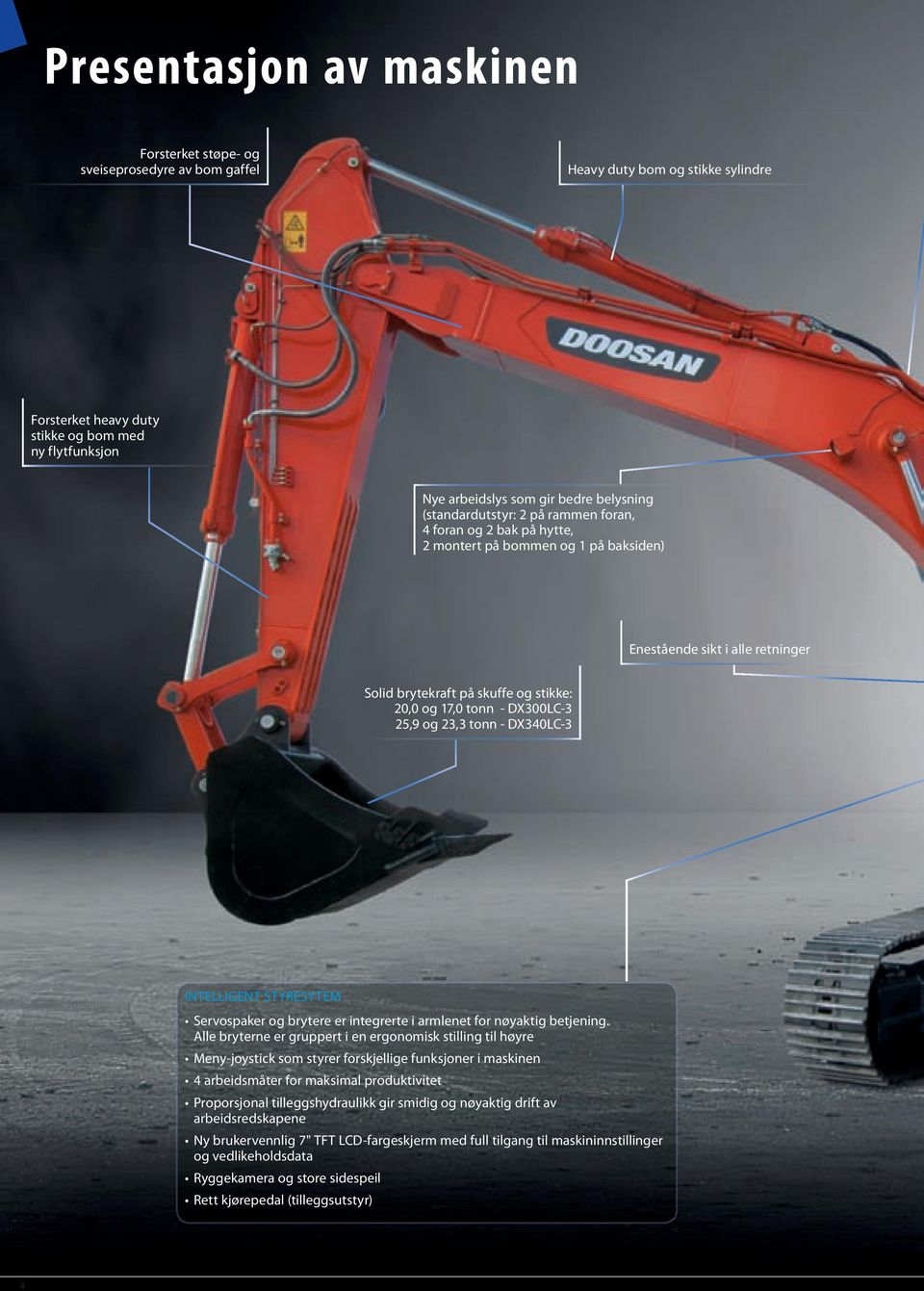 - DX300LC-3 25,9 og 23,3 tonn - DX340LC-3 INTELLIGENT STYRESYTEM Servospaker og brytere er integrerte i armlenet for nøyaktig betjening.