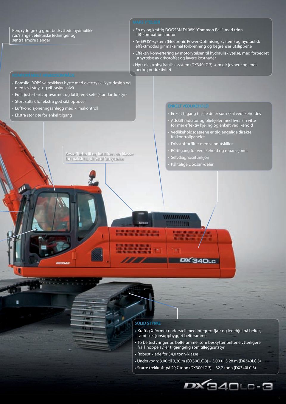 Ekstra stor dør for enkel tilgang Beste Turbo III og luftfilter i sin klasse for maksimal drivstoffutnyttelse MAKS YTELSER En ny og kraftig DOOSAN DL08K Common Rail, med trinn IIIB-kompatibel motor