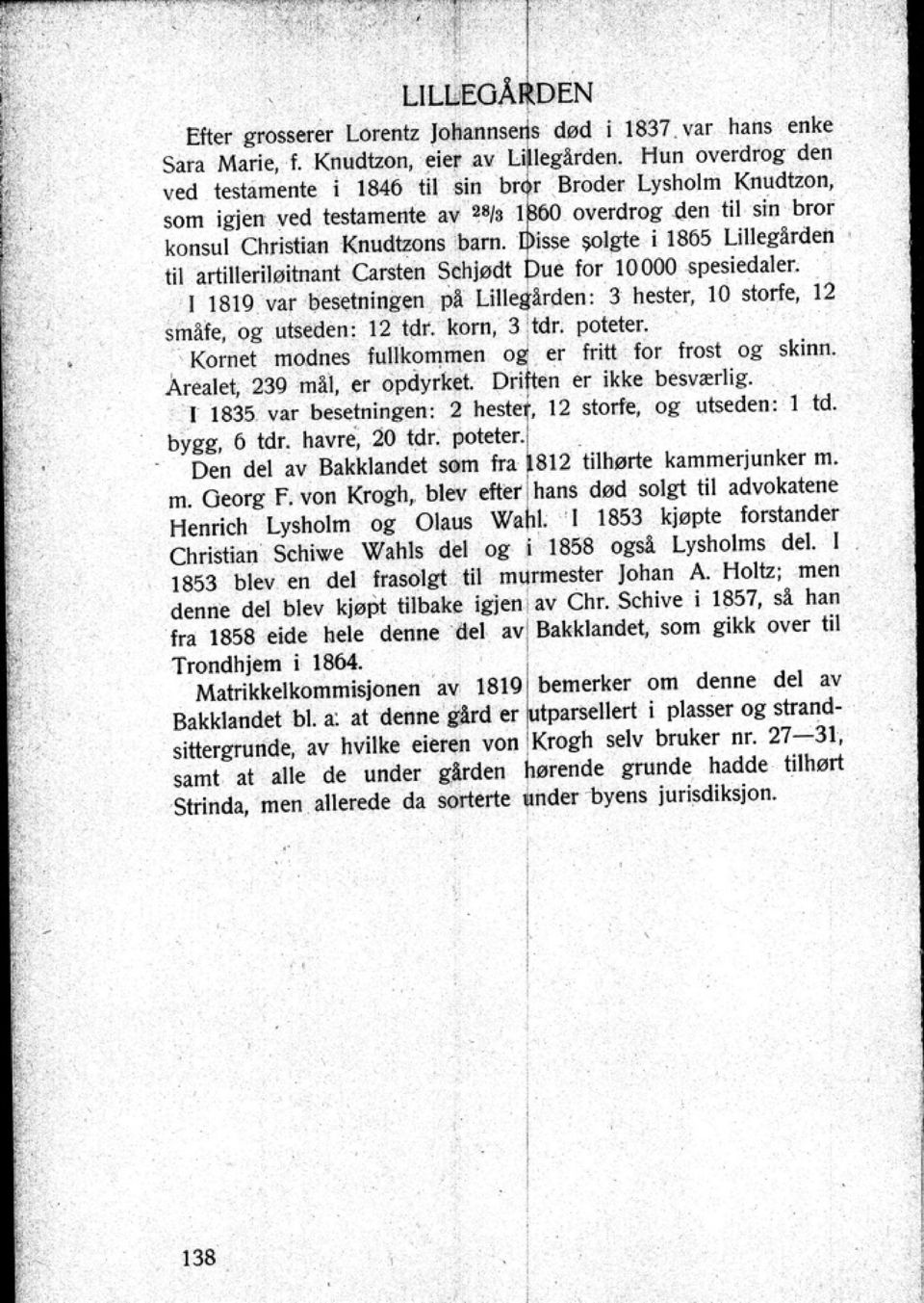 isse solgte i 1865 Ullcgiirden til artilleriloitnant Carsten Schj 0CIt Due for 10000 spesi«laler. [ 1819 'lat besetningen PA Lil1eglrden : 3 hester 10 storfe 12 smue og ut5eden: 12 Idr. korn 3 tdr.