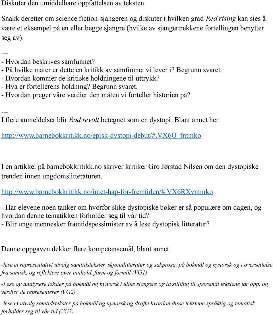 --- - Hvordan beskrives samfunnet? - På hvilke måter er dette en kritikk av samfunnet vi lever i? Begrunn svaret. - Hvordan kommer de kritiske holdningene til uttrykk? - Hva er fortellerens holdning?