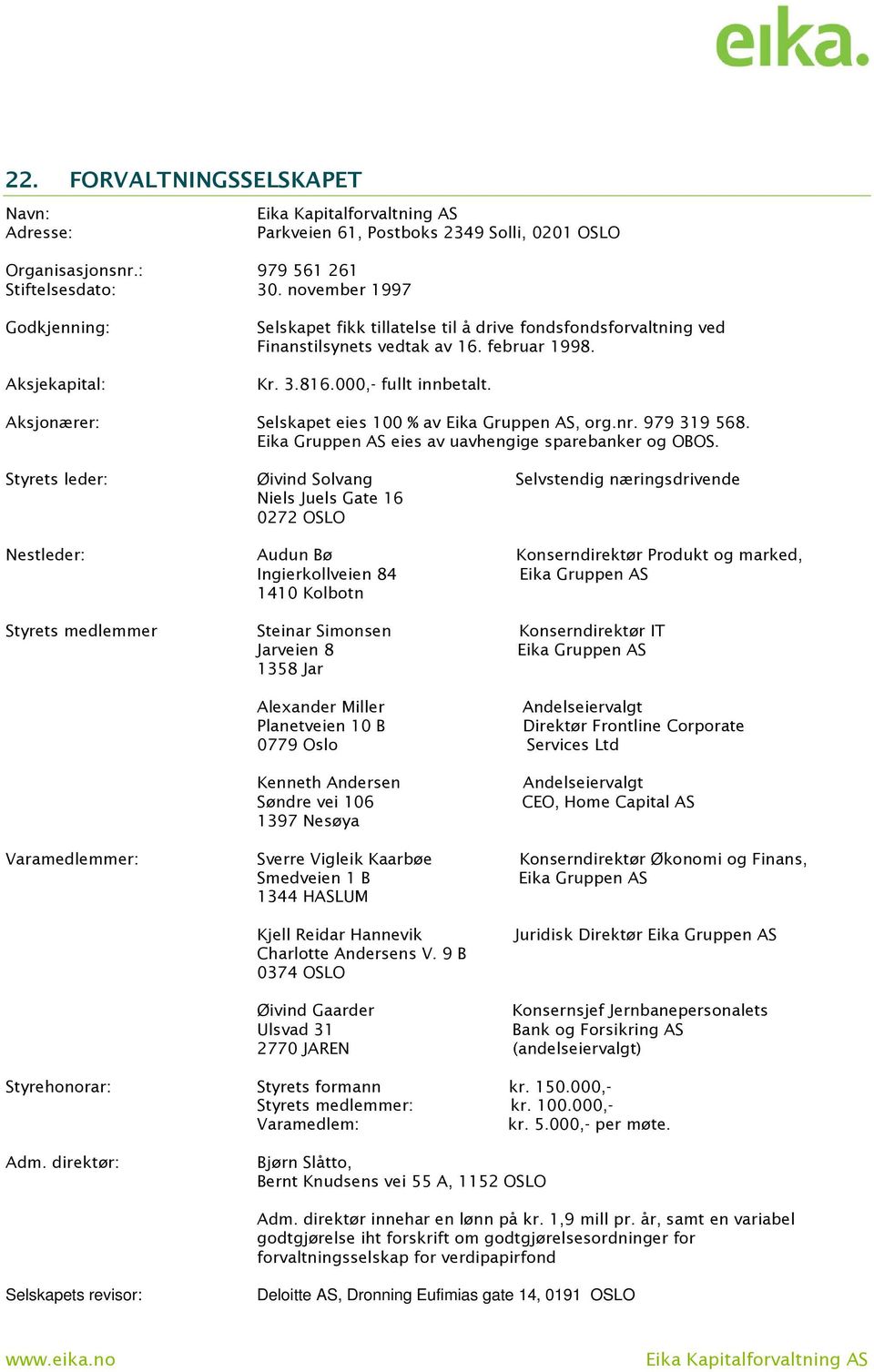 Aksjonærer: Selskapet eies 100 % av Eika Gruppen AS, org.nr. 979 319 568. Eika Gruppen AS eies av uavhengige sparebanker og OBOS.