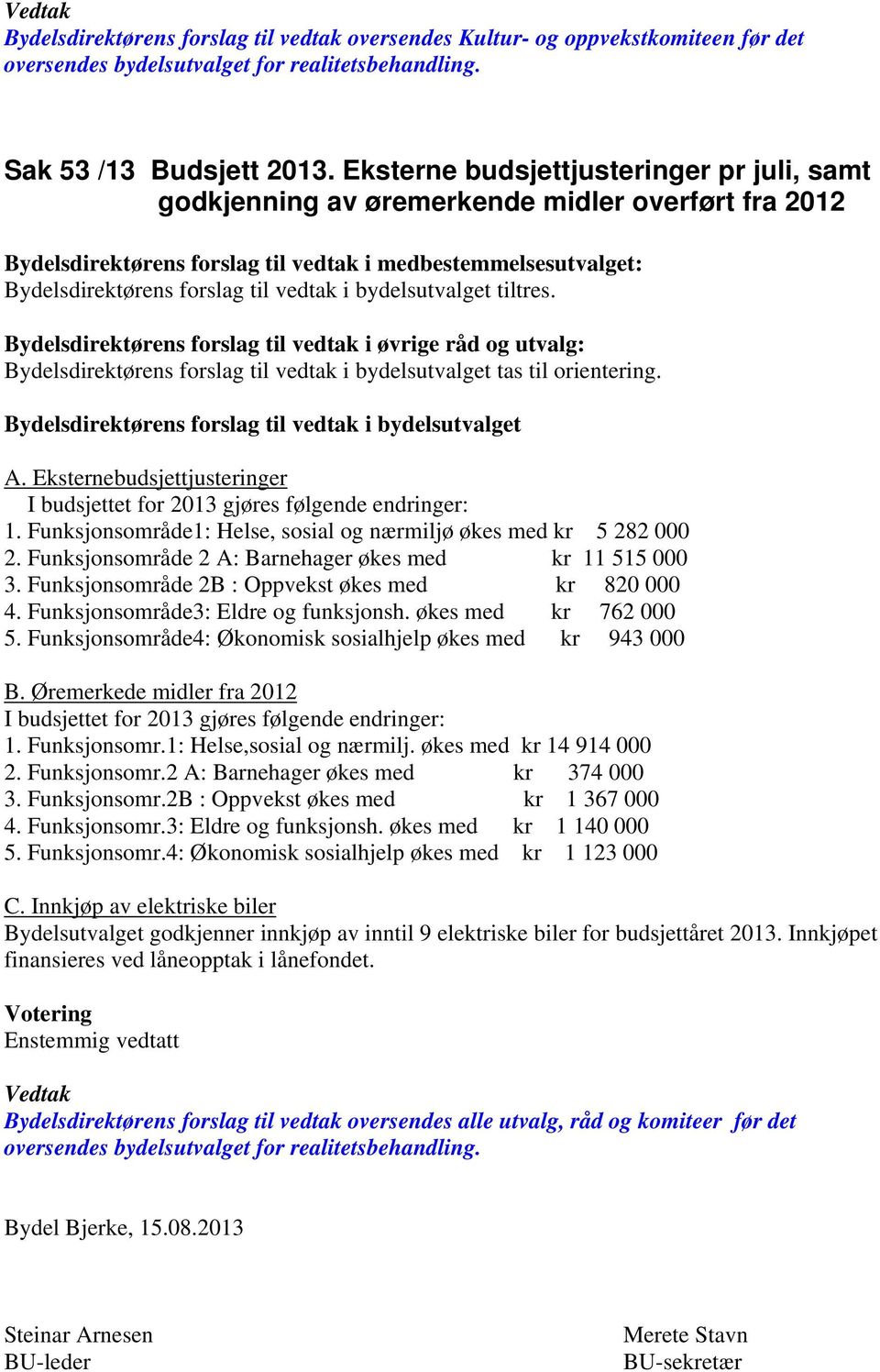 i øvrige råd og utvalg: i bydelsutvalget tas til orientering. i bydelsutvalget A. Eksternebudsjettjusteringer I budsjettet for 2013 gjøres følgende endringer: 1.