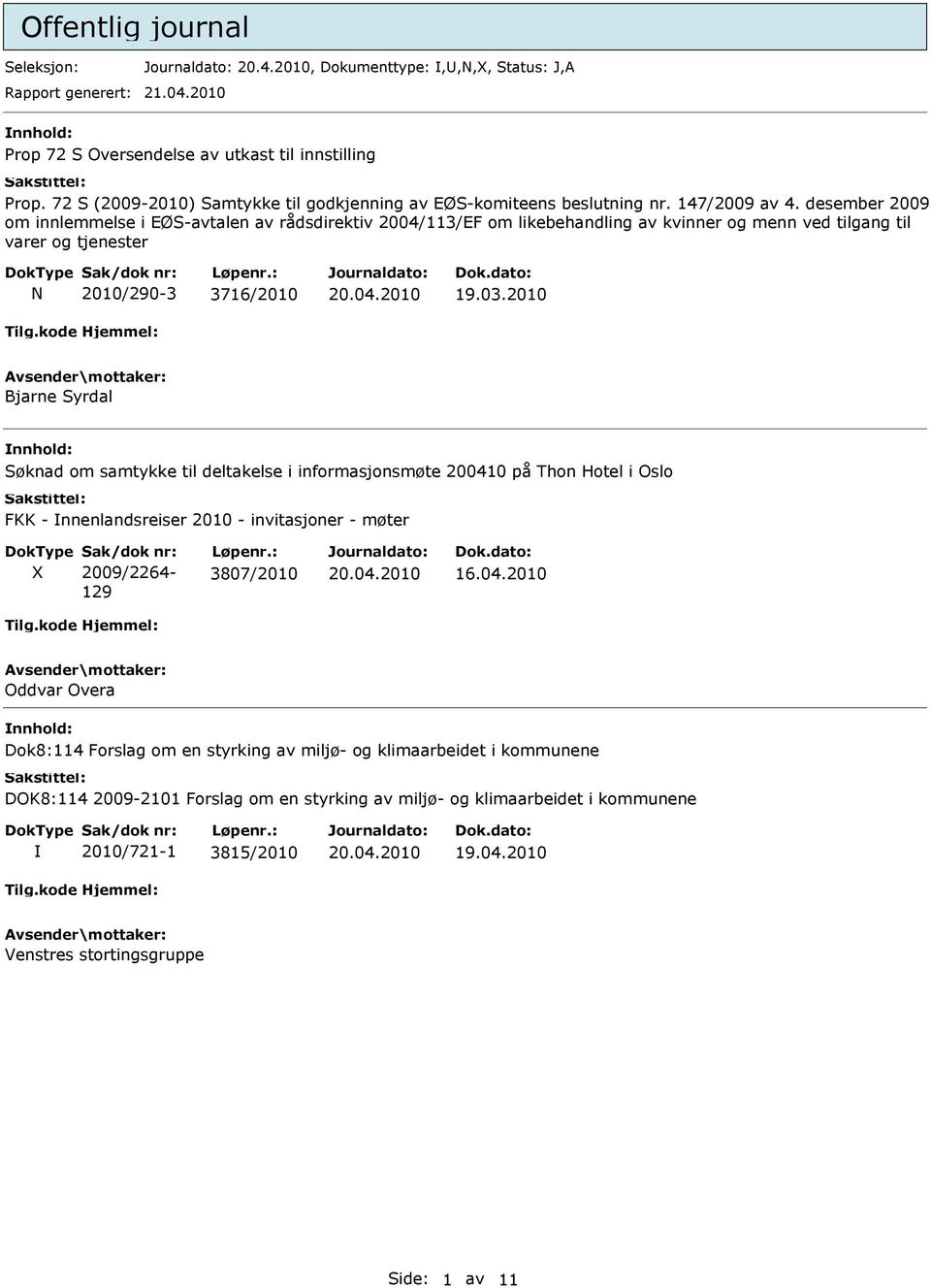 desember 2009 om innlemmelse i EØS-avtalen av rådsdirektiv 2004/113/EF om likebehandling av kvinner og menn ved tilgang til varer og tjenester N 2010/290-3 3716/2010 19.03.