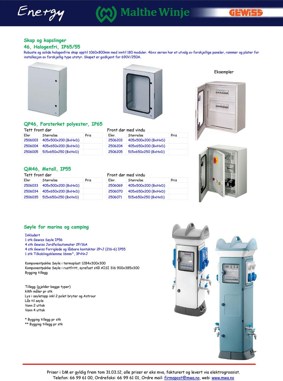 Eksempler QP46, Forsterket polyester, IP65 Tett front dør Front dør med vindu Elnr Størrelse Pris Elnr.