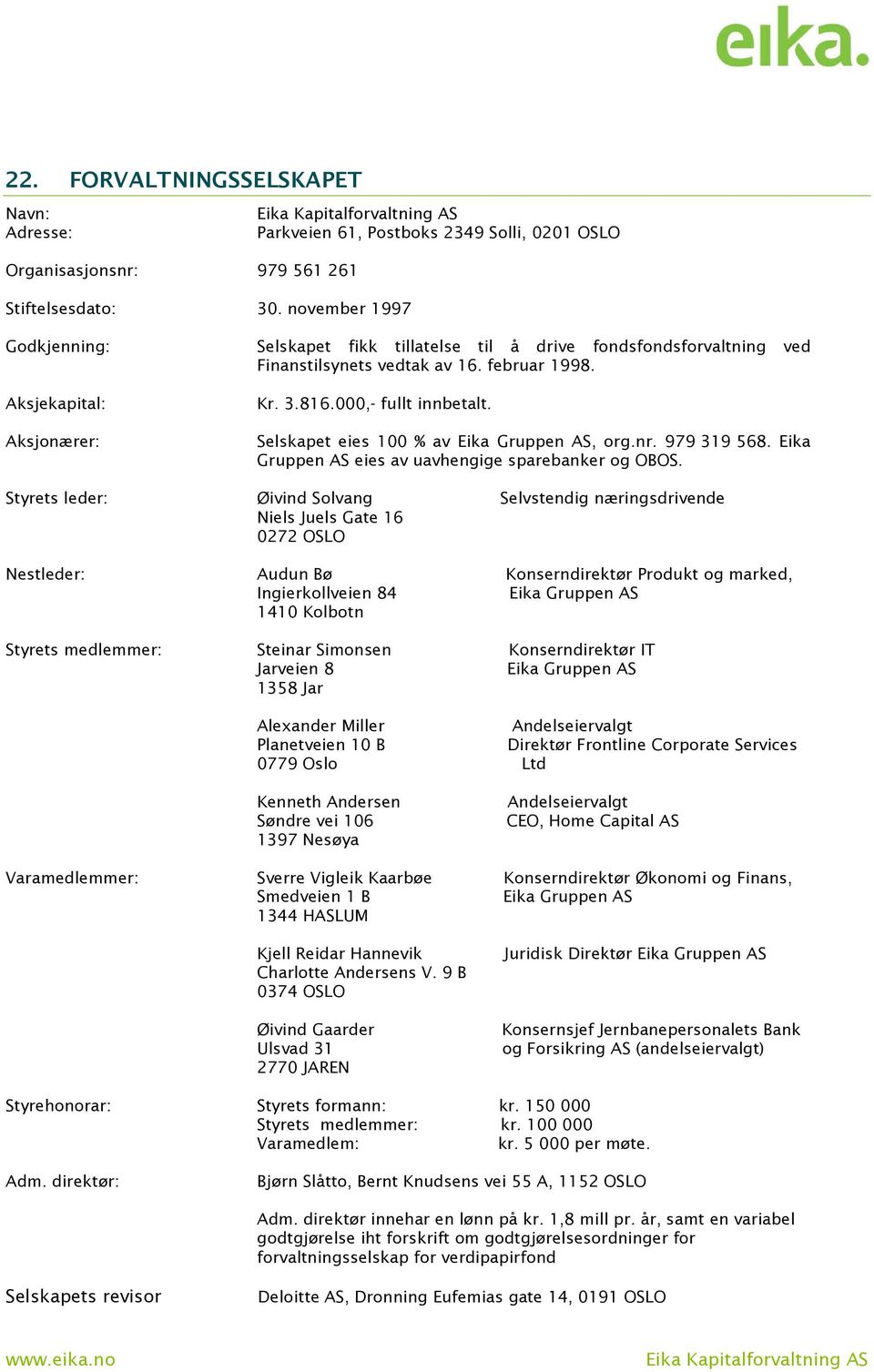 Selskapet eies 100 % av Eika Gruppen AS, org.nr. 979 319 568. Eika Gruppen AS eies av uavhengige sparebanker og OBOS.