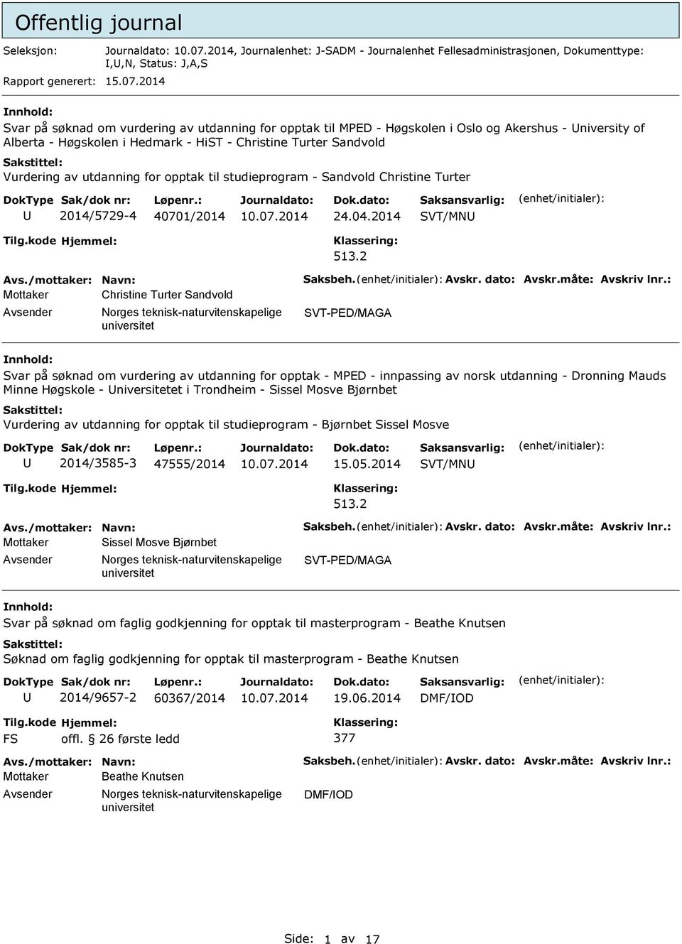 for opptak til studieprogram - andvold Christine Turter 2014/5729-4 40701/2014 24.04.2014 VT/M 513.2 Avs./mottaker: avn: aksbeh. Avskr. dato: Avskr.måte: Avskriv lnr.