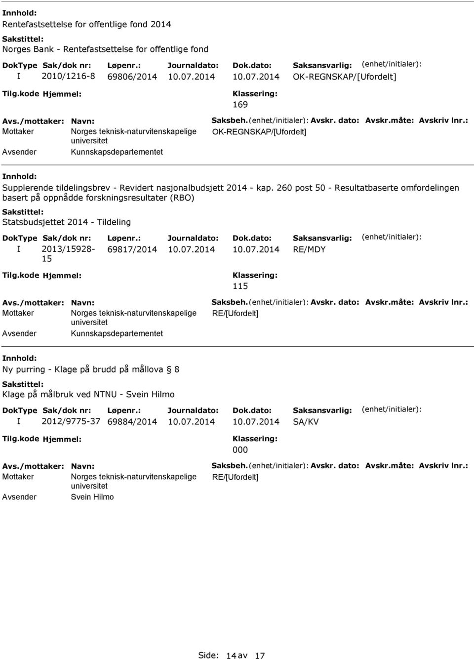 260 post 50 - Resultatbaserte omfordelingen basert på oppnådde forskningsresultater (RBO) tatsbudsjettet 2014 - Tildeling ak/dok nr: 2013/15928-15 Løpenr.: 69817/2014 RE/MDY 115 Avs.