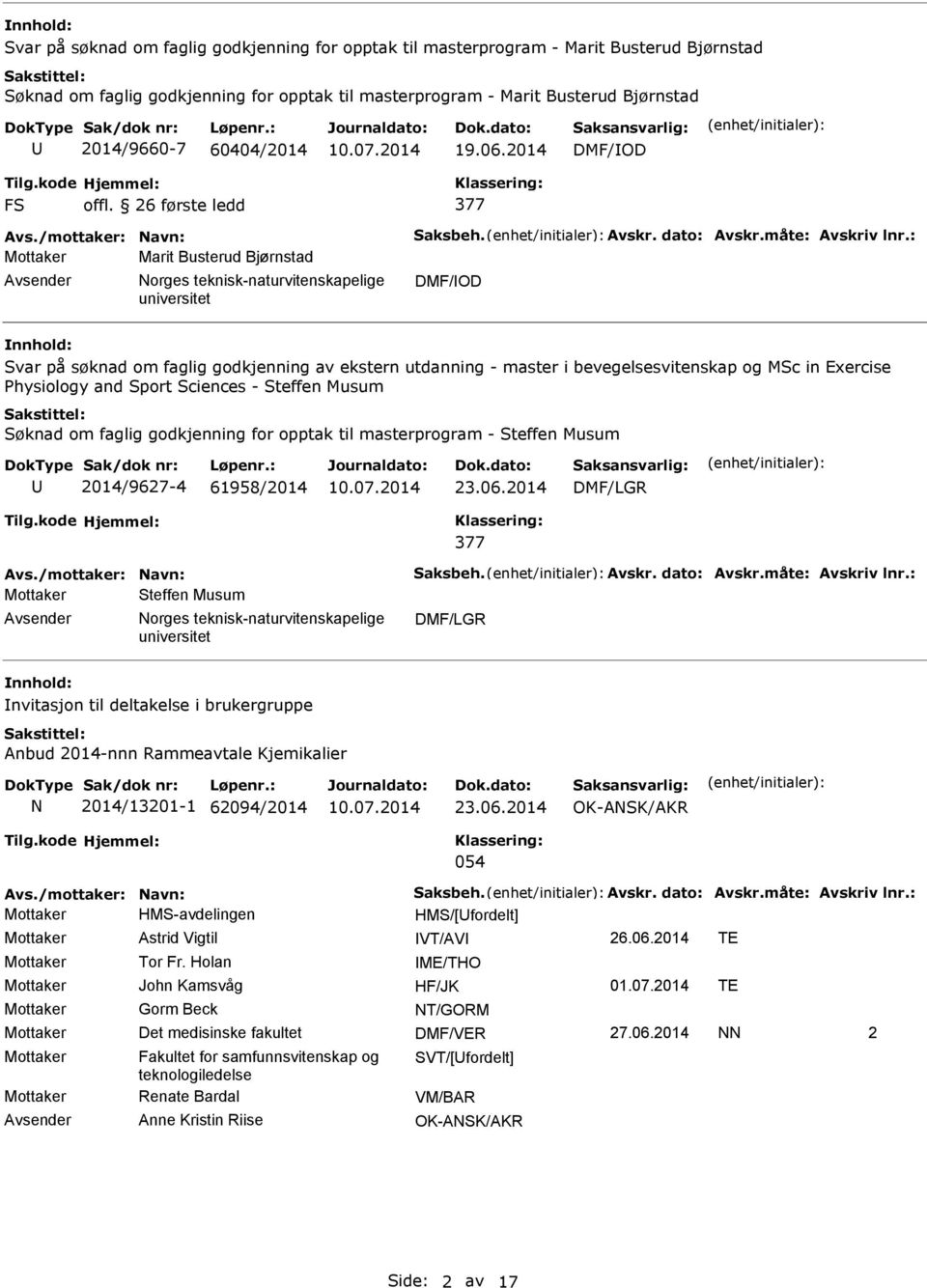 : Mottaker Marit Busterud Bjørnstad DMF/OD var på søknad om faglig godkjenning av ekstern utdanning - master i bevegelsesvitenskap og Mc in Exercise Physiology and port ciences - teffen Musum øknad