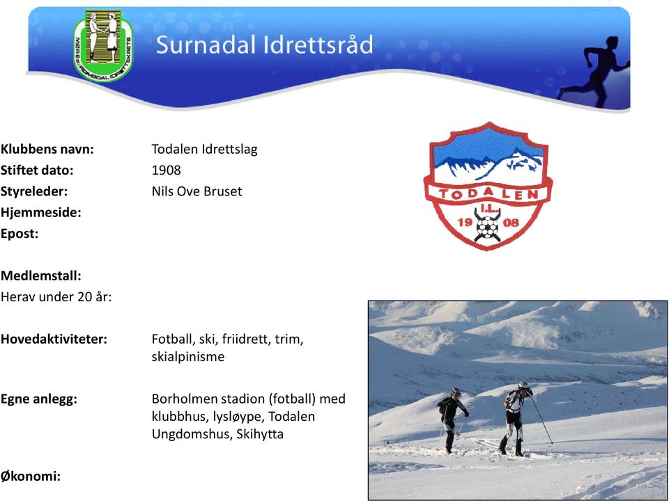 Fotball, ski, friidrett, trim, skialpinisme Egne anlegg: