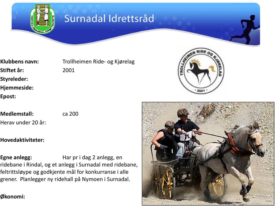 2 anlegg, en ridebane i Rindal, og et anlegg i Surnadal med ridebane,