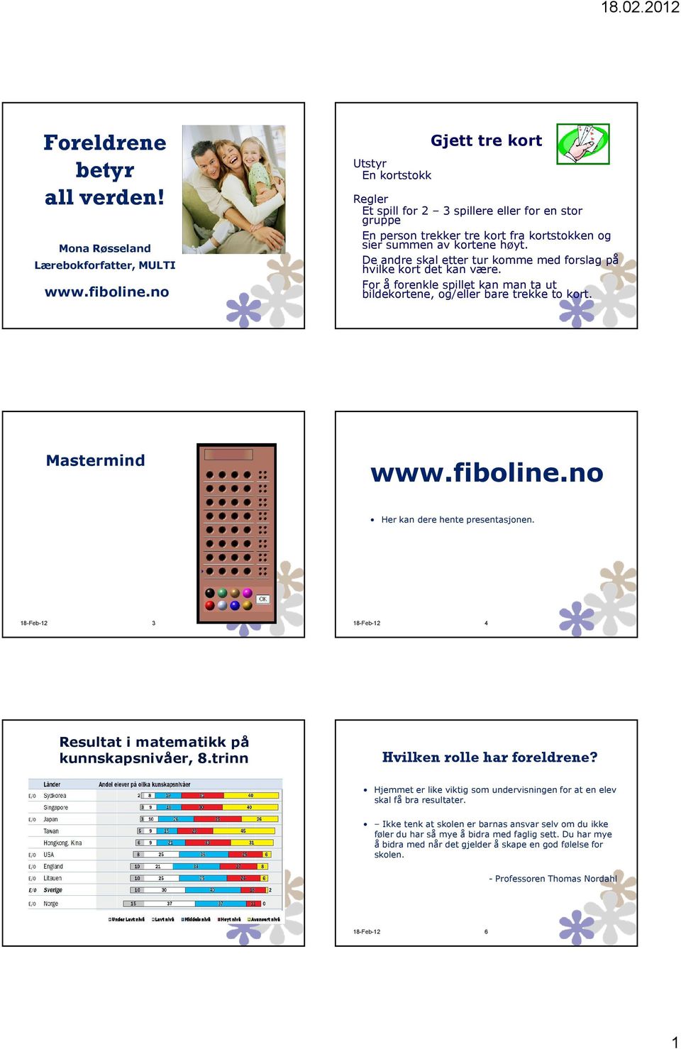 De andre skal etter tur komme med forslag på hvilke kort det kan være. For å forenkle spillet kan man ta ut bildekortene, og/eller bare trekke to kort. Mastermind www.fiboline.