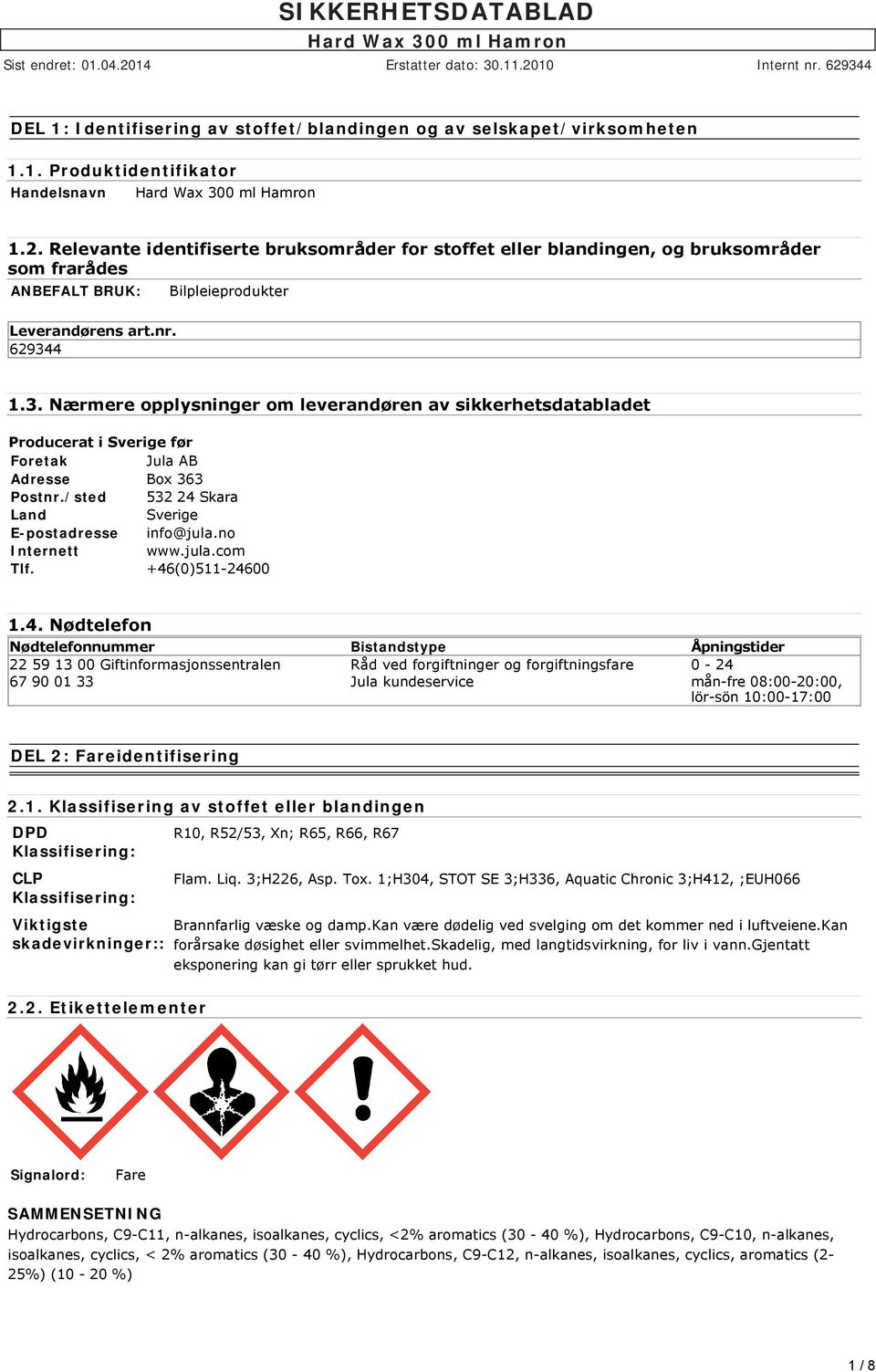 4 1.3. Nærmere opplysninger om leverandøren av sikkerhetsdatabladet Producerat i Sverige før Foretak Jula AB Adresse Box 363 Postnr./sted 532 24 Skara Land Sverige E-postadresse info@jula.