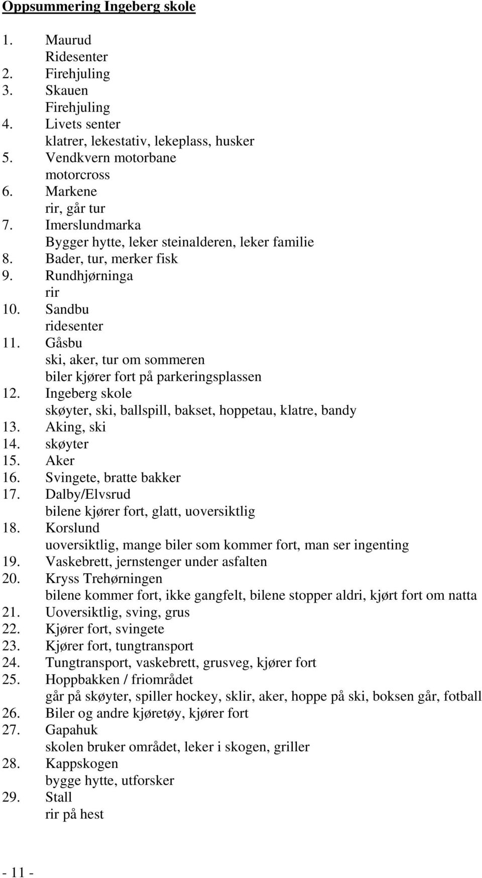 Gåsbu ski, aker, tur om sommeren biler kjører fort på parkeringsplassen 12. Ingeberg skole skøyter, ski, ballspill, bakset, hoppetau, klatre, bandy 13. Aking, ski 14. skøyter 15. Aker 16.