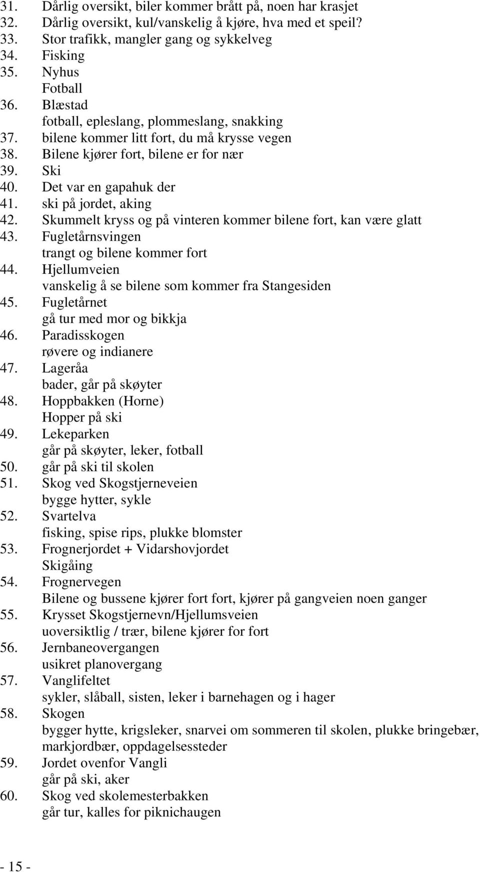 ski på jordet, aking 42. Skummelt kryss og på vinteren kommer bilene fort, kan være glatt 43. Fugletårnsvingen trangt og bilene kommer fort 44.