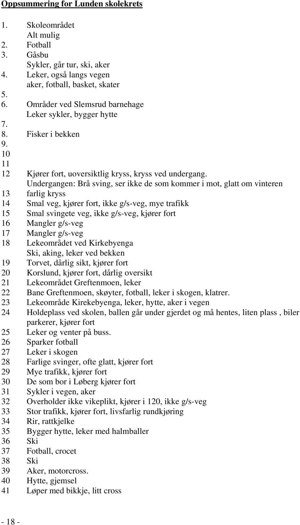 Undergangen: Brå sving, ser ikke de som kommer i mot, glatt om vinteren 13 farlig kryss 14 Smal veg, kjører fort, ikke g/s-veg, mye trafikk 15 Smal svingete veg, ikke g/s-veg, kjører fort 16 Mangler