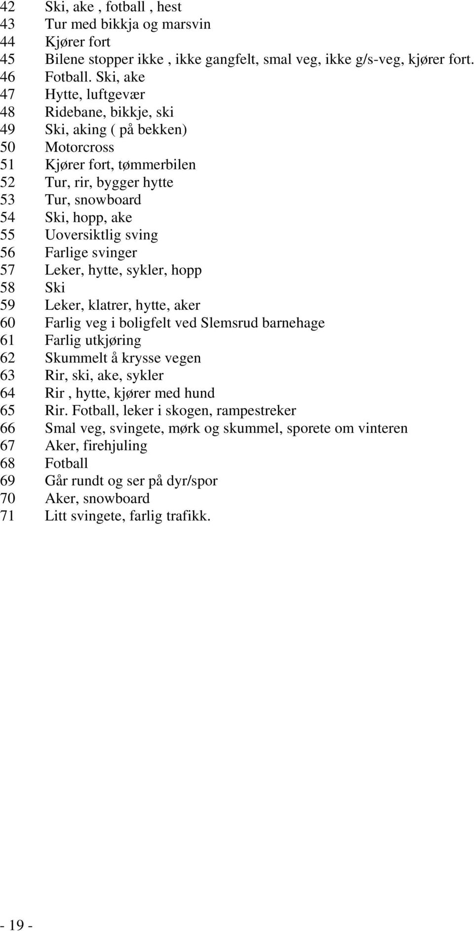 Uoversiktlig sving 56 Farlige svinger 57 Leker, hytte, sykler, hopp 58 Ski 59 Leker, klatrer, hytte, aker 60 Farlig veg i boligfelt ved Slemsrud barnehage 61 Farlig utkjøring 62 Skummelt å krysse