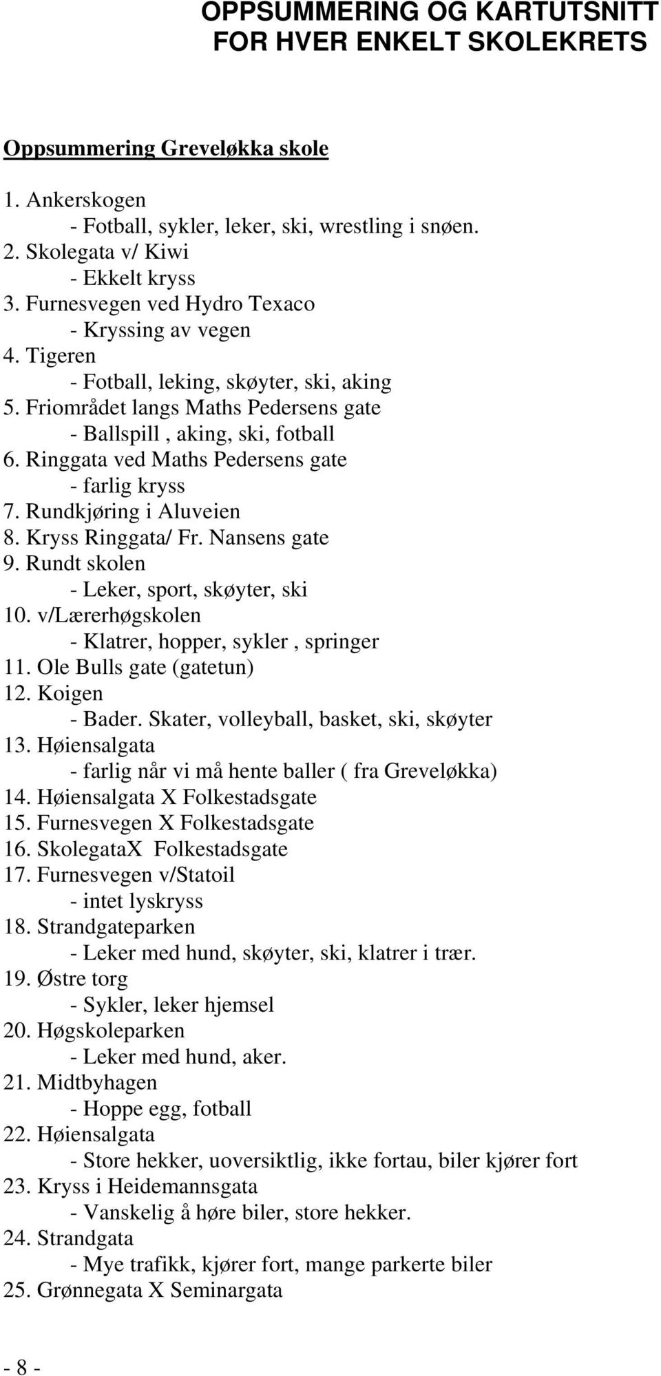 Ringgata ved Maths Pedersens gate - farlig kryss 7. Rundkjøring i Aluveien 8. Kryss Ringgata/ Fr. Nansens gate 9. Rundt skolen - Leker, sport, skøyter, ski 10.