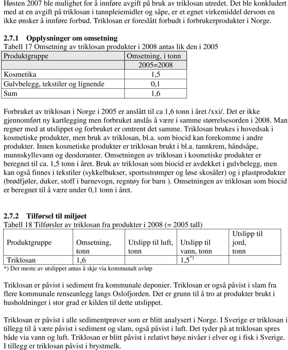 2.7.1 Opplysninger om omsetning Tabell 17 Omsetning av triklosan produkter i 2008 antas lik den i 2005 Produktgruppe Omsetning, i tonn 2005=2008 Kosmetika 1,5 Gulvbelegg, tekstiler og lignende 0,1