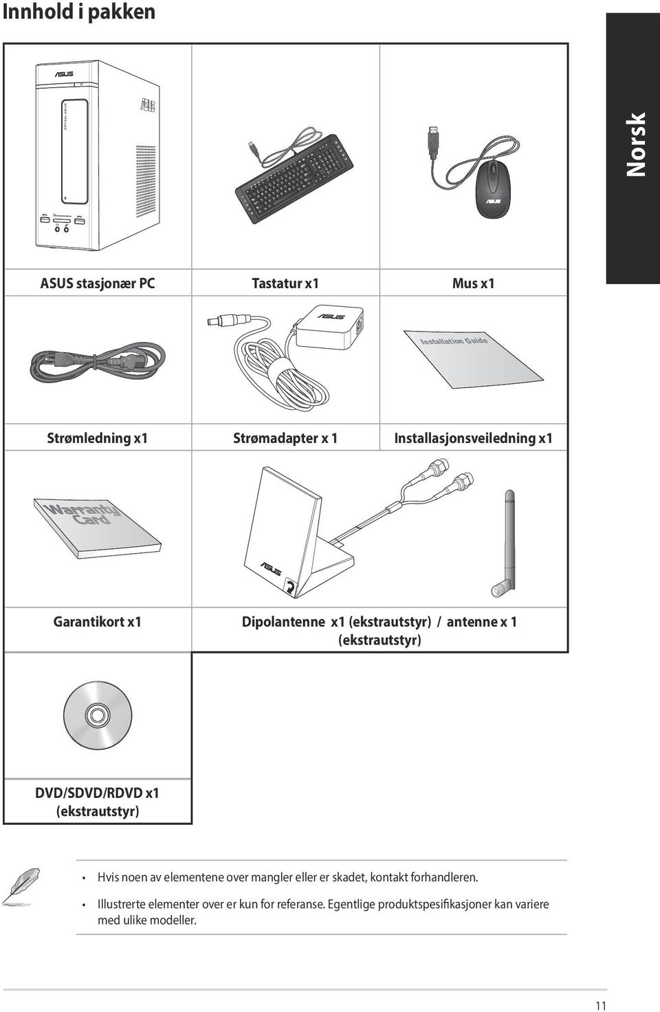 DVD/SDVD/RDVD x1 (ekstrautstyr) Hvis noen av elementene over mangler eller er skadet, kontakt forhandleren.