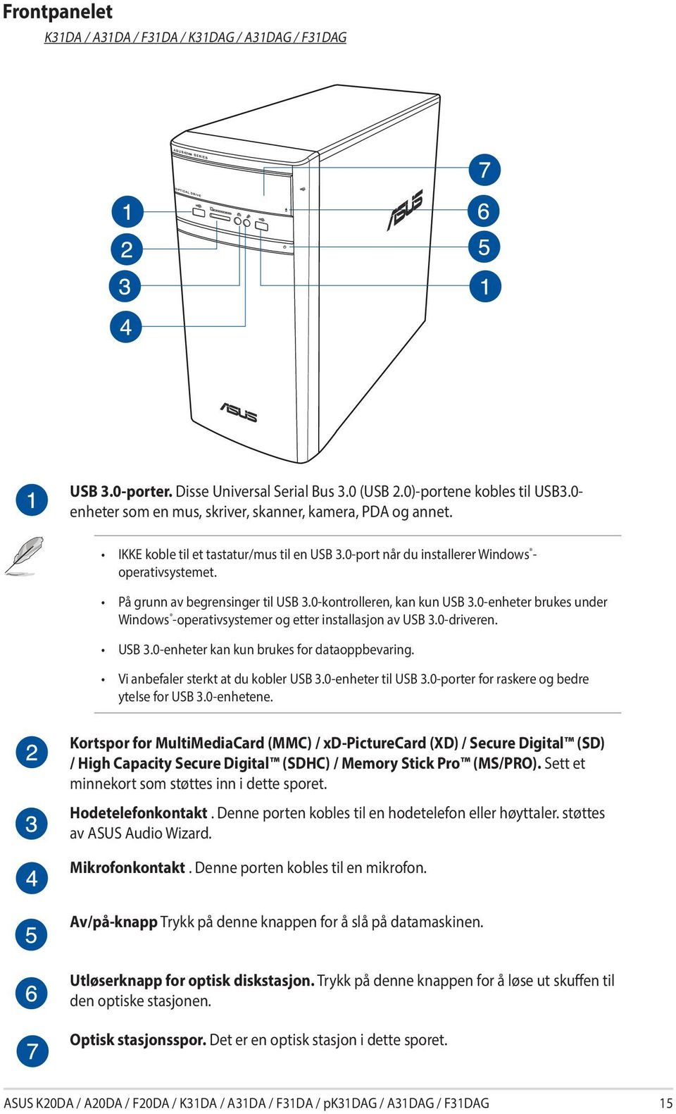 0-kontrolleren, kan kun USB 3.0-enheter brukes under Windows -operativsystemer og etter installasjon av USB 3.0-driveren. USB 3.0-enheter kan kun brukes for dataoppbevaring.