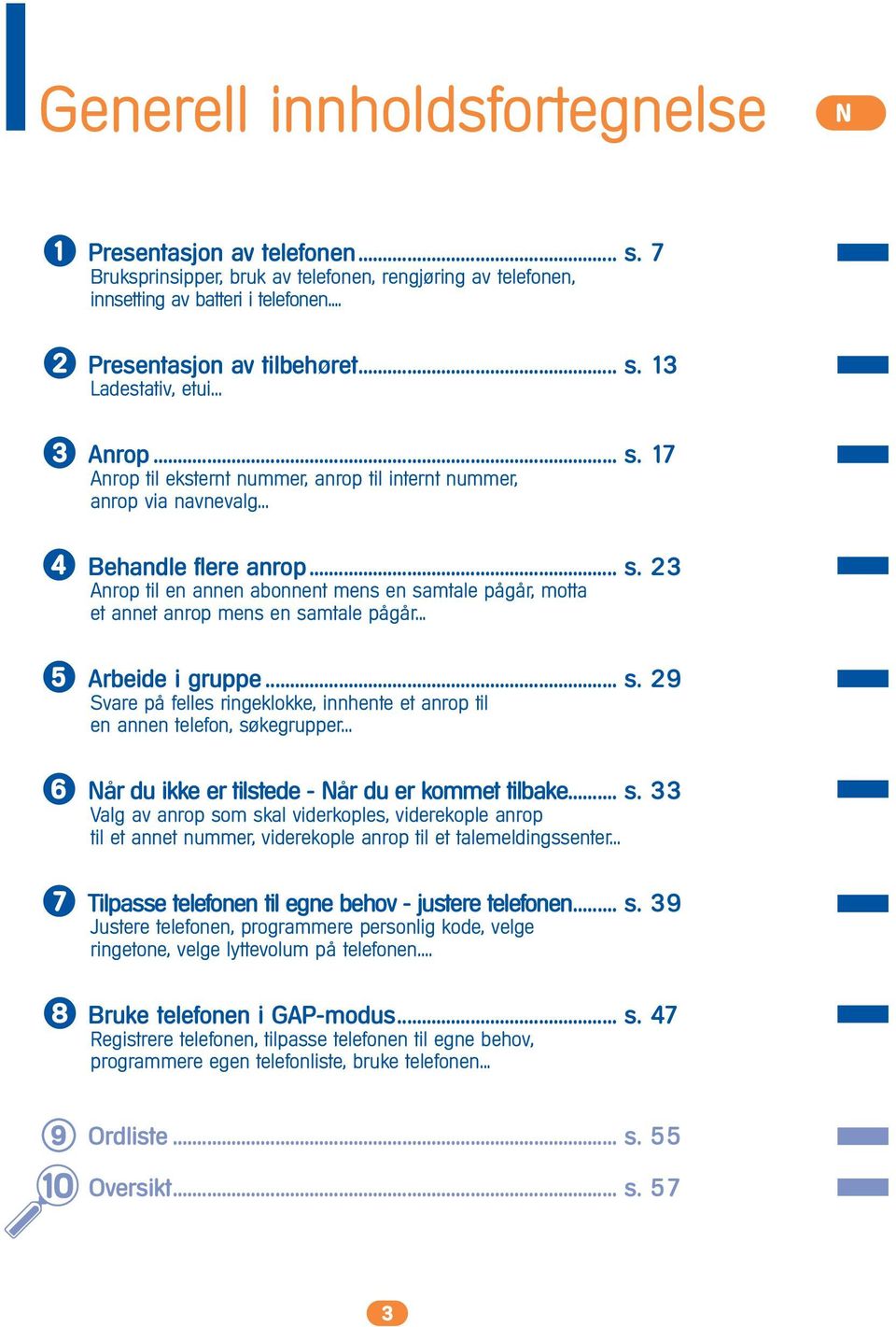 .. Arbeide i gruppe... s. 29 Svare på felles ringeklokke, innhente et anrop til en annen telefon, søkegrupper... Når du ikke er tilstede - Når du er kommet tilbake... s. 33 Valg av anrop som skal viderkoples, viderekople anrop til et annet nummer, viderekople anrop til et talemeldingssenter.