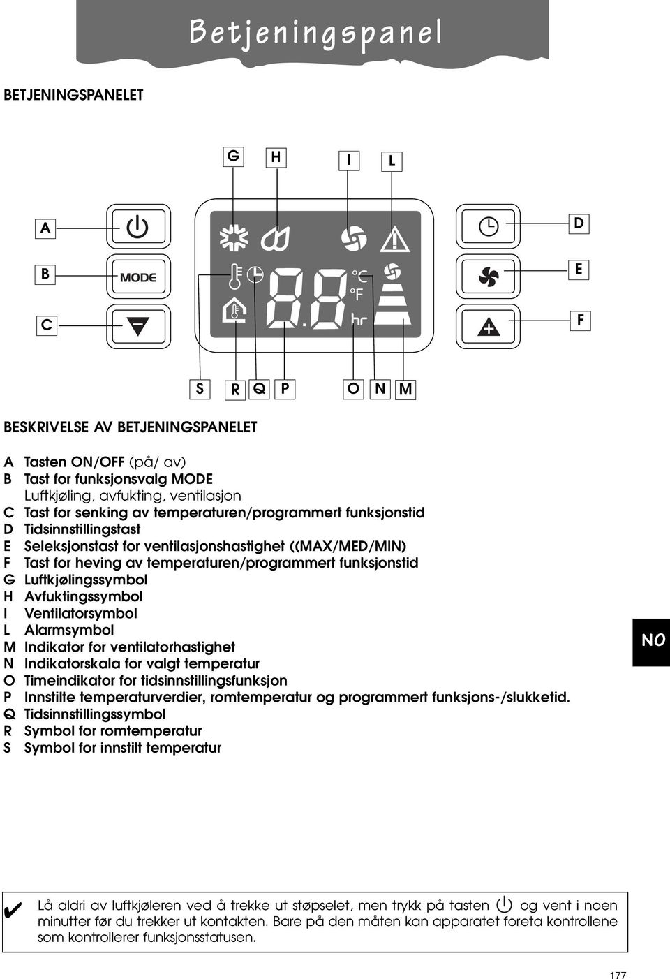 Luftkjølingssymbol H Avfuktingssymbol I Ventilatorsymbol L Alarmsymbol M Indikator for ventilatorhastighet N Indikatorskala for valgt temperatur O Timeindikator for tidsinnstillingsfunksjon P