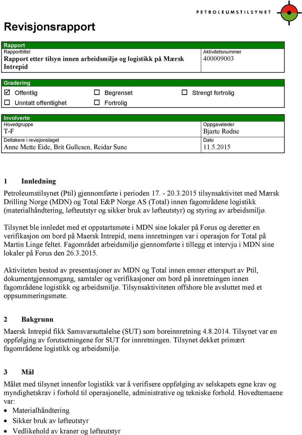 2015 Dato 1 Innledning Petroleumstilsynet (Ptil) gjennomførte i perioden 17. - 20.3.