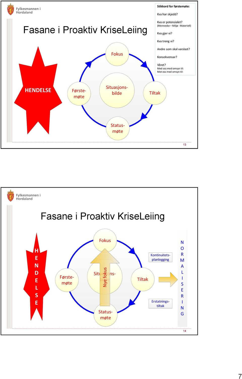 Med oss med omsyn til: Mot oss med omsyn til: HENDELSE Førstemøte Situasjonsbilde Tiltak Statusmøte 13 Fasane i Proaktiv