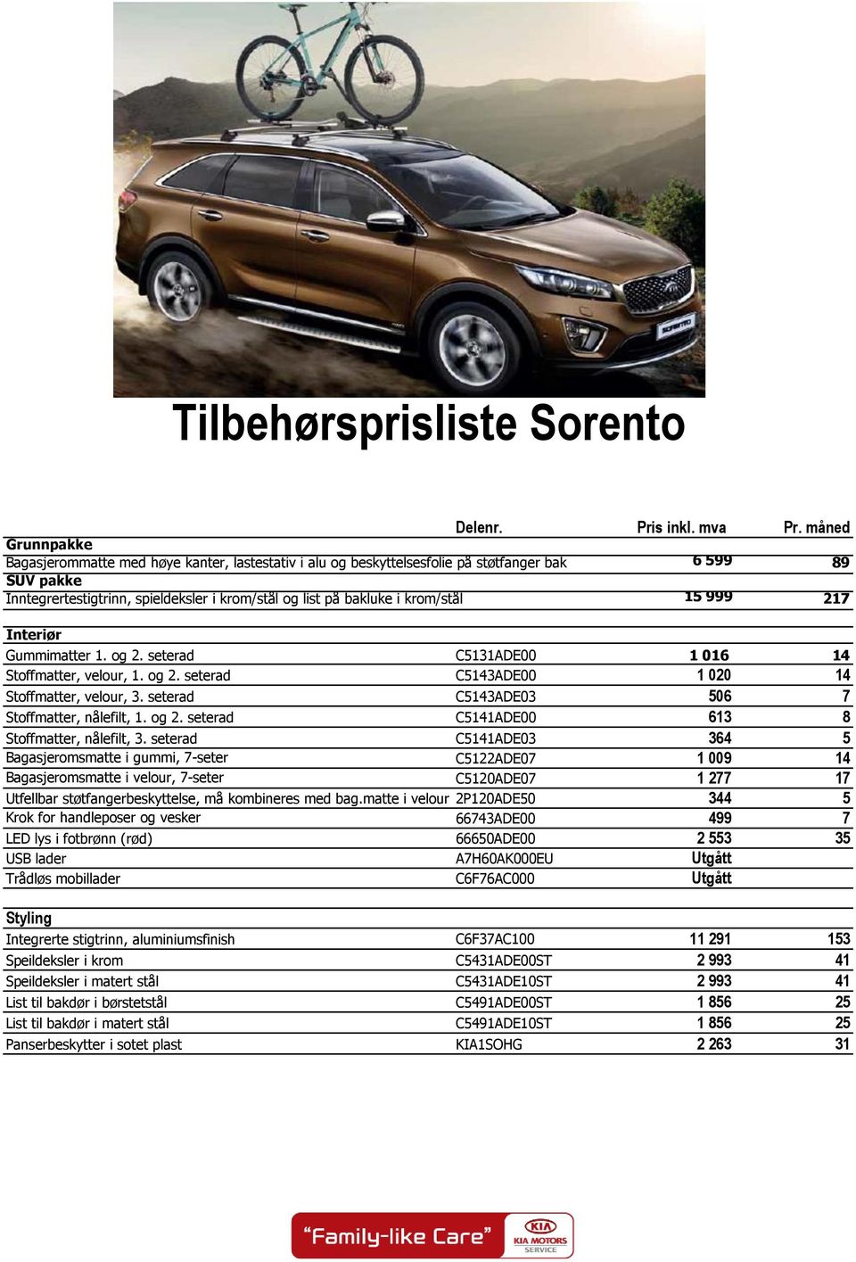 krom/stål 15 999 217 Interiør Gummimatter 1. og 2. seterad C5131ADE00 1 016 14 Stoffmatter, velour, 1. og 2. seterad C5143ADE00 1 020 14 Stoffmatter, velour, 3.