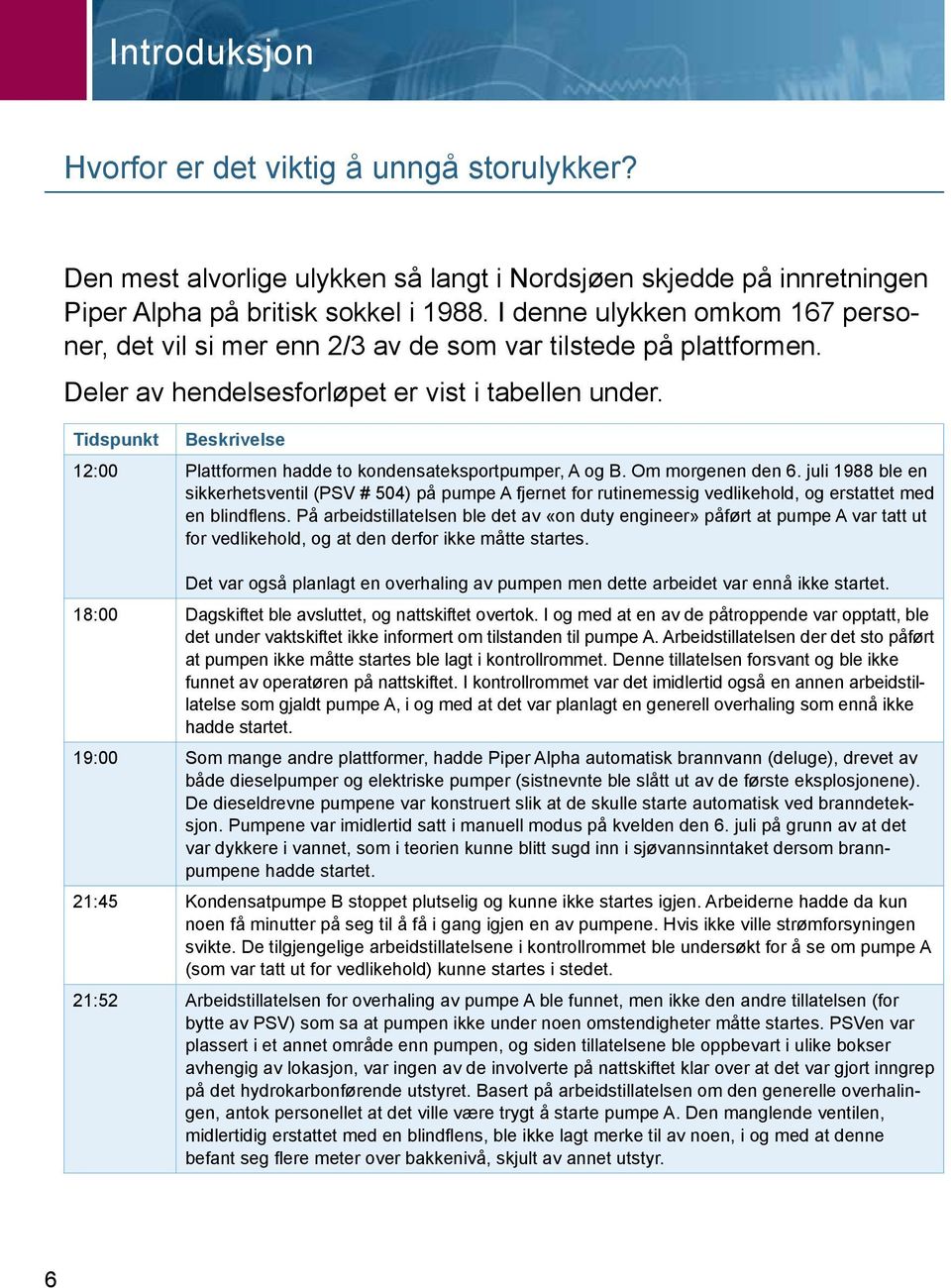 Tidspunkt Beskrivelse 12:00 Plattformen hadde to kondensateksportpumper, A og B. Om morgenen den 6.