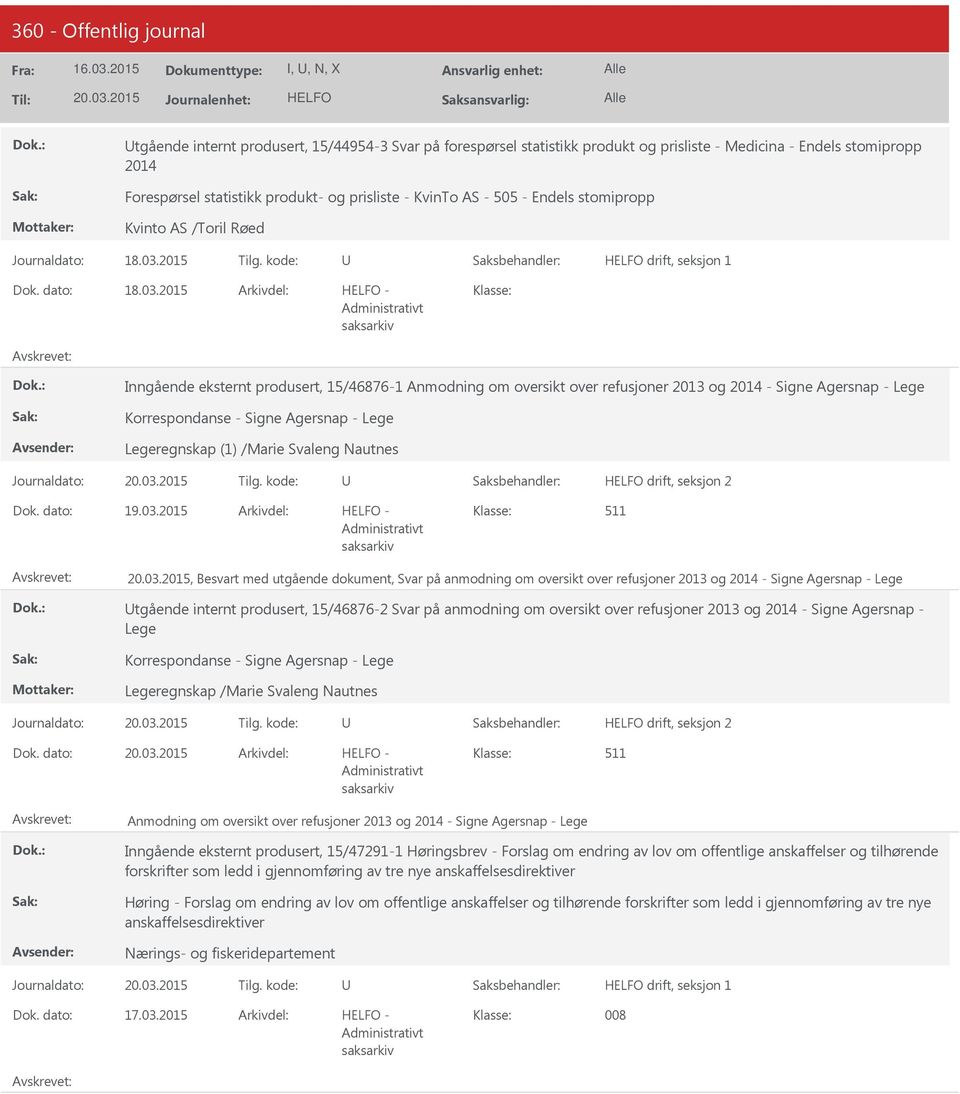 2015 Inngående eksternt produsert, 15/46876-1 Anmodning om oversikt over refusjoner 2013 og 2014 - Signe Agersnap - Lege Korrespondanse - Signe Agersnap - Lege Legeregnskap (1) /Marie Svaleng Nautnes