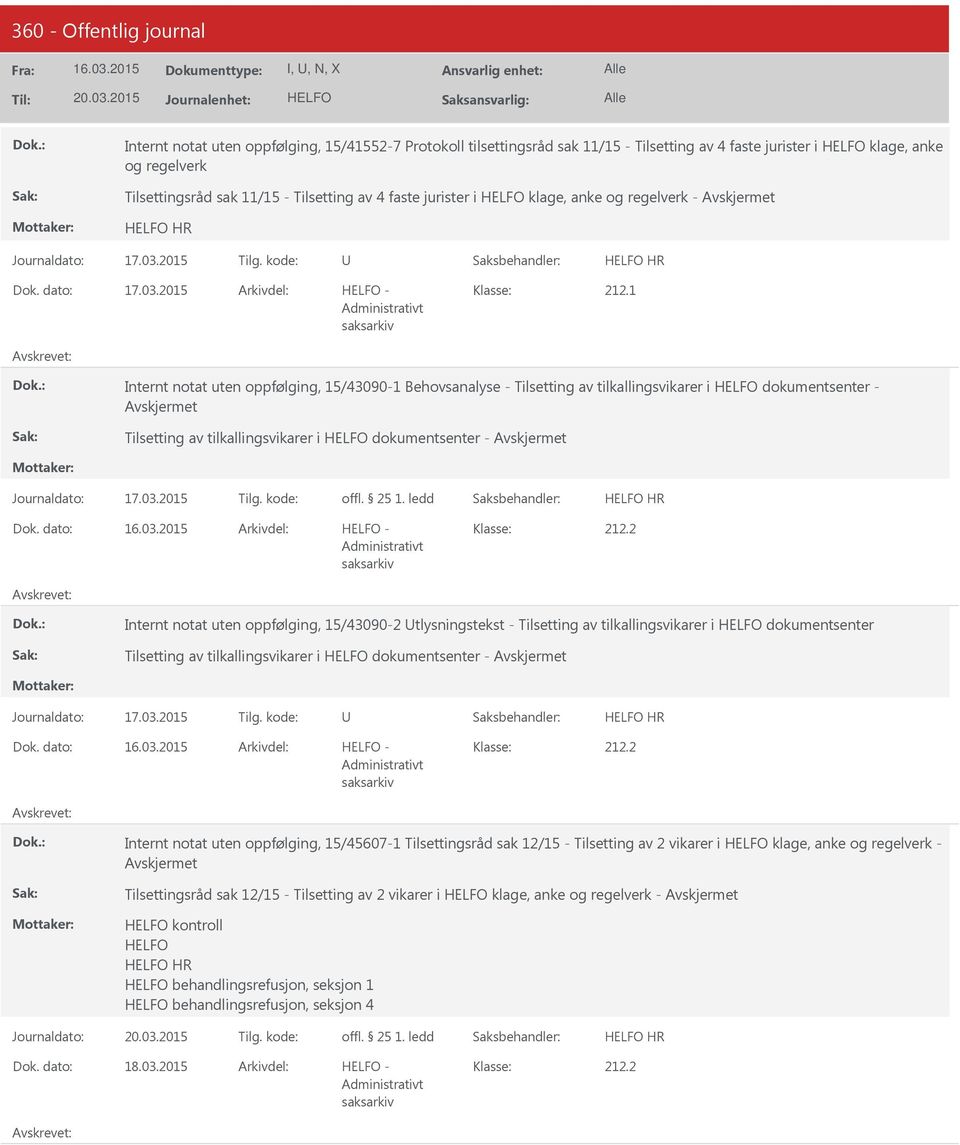 1 Internt notat uten oppfølging, 15/43090-1 Behovsanalyse - Tilsetting av tilkallingsvikarer i dokumentsenter - Tilsetting av tilkallingsvikarer i dokumentsenter - offl. 25 1. ledd HR 212.