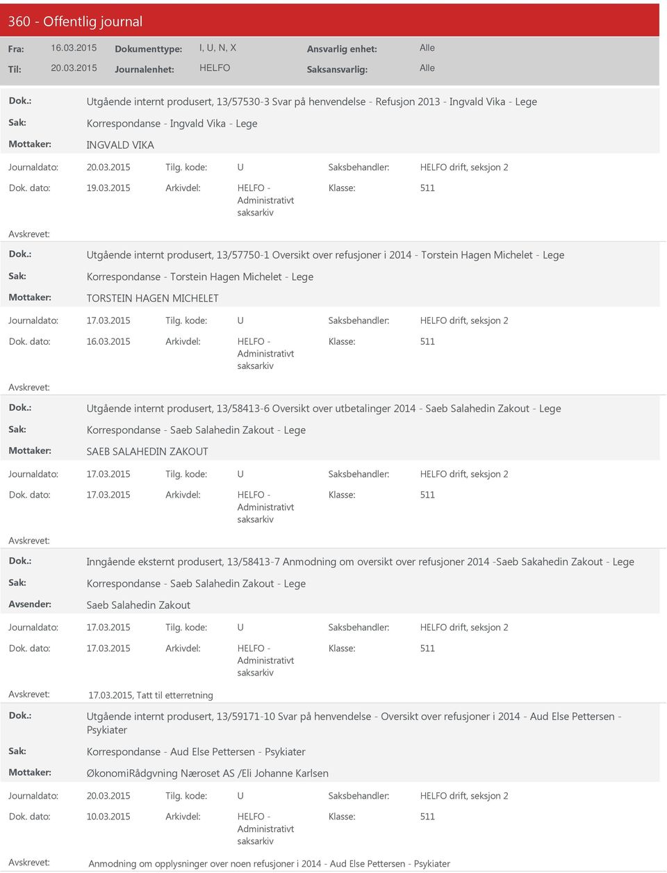 tgående internt produsert, 13/58413-6 Oversikt over utbetalinger 2014 - Saeb Salahedin Zakout - Lege Korrespondanse - Saeb Salahedin Zakout - Lege SAEB SALAHEDIN ZAKOT drift, seksjon 2 17.03.