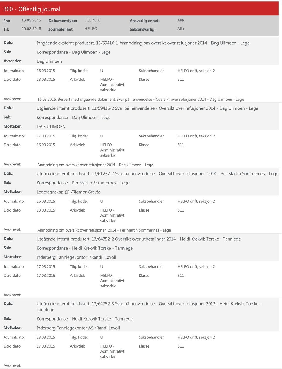 2015, Besvart med utgående dokument, Svar på henvendelse - Oversikt over refusjoner 2014 - Dag limoen - Lege tgående internt produsert, 13/59416-2 Svar på henvendelse - Oversikt over refusjoner 2014