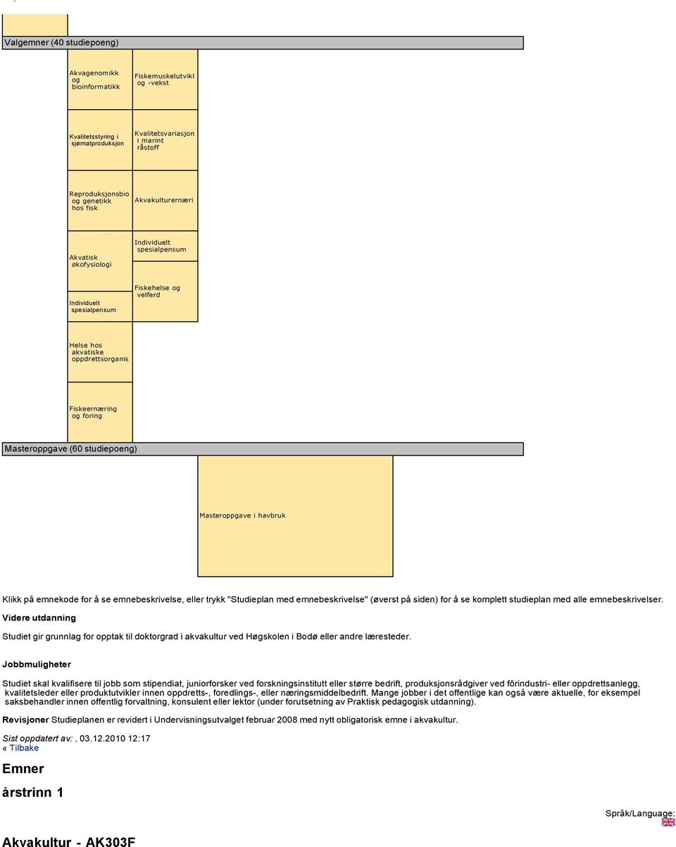 studiepoeng) Masteroppgave i havbruk Klikk på emnekode for å se emnebeskrivelse, eller trykk "Studieplan med emnebeskrivelse" (øverst på siden) for å se komplett studieplan med alle emnebeskrivelser.