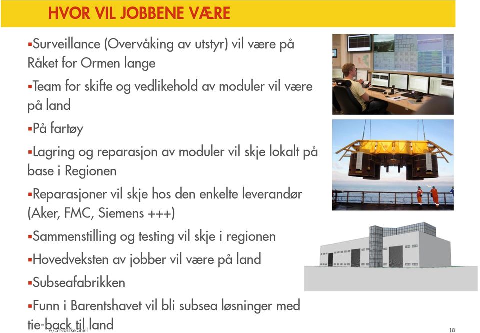 skje hos den enkelte leverandør (Aker, FMC, Siemens +++) Sammenstilling og testing vil skje i regionen Hovedveksten av