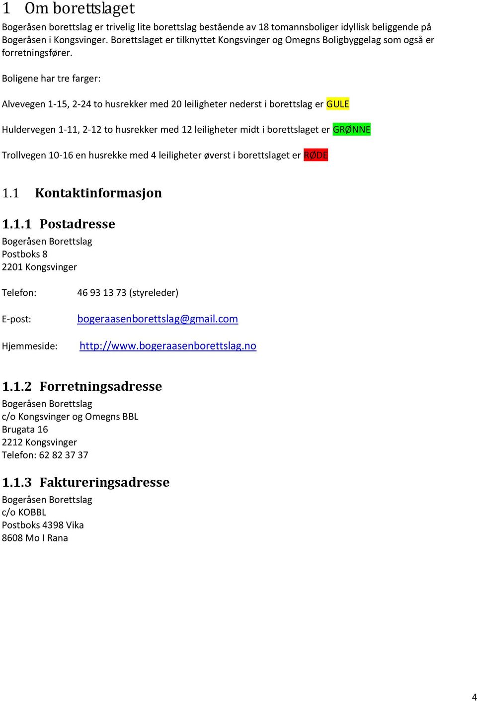 Boligene har tre farger: Alvevegen 1-15, 2-24 to husrekker med 20 leiligheter nederst i borettslag er GULE Huldervegen 1-11, 2-12 to husrekker med 12 leiligheter midt i borettslaget er GRØNNE