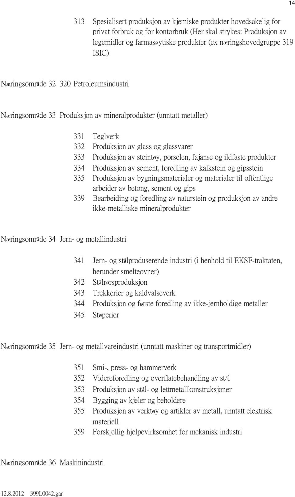 porselen, fajanse og ildfaste produkter 334 Produksjon av sement, foredling av kalkstein og gipsstein 335 Produksjon av bygningsmaterialer og materialer til offentlige arbeider av betong, sement og