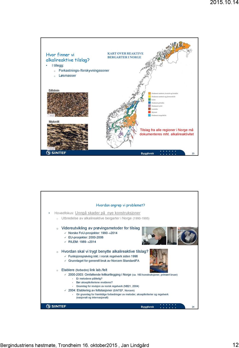 Hvedfkus: Unngå skader på nye knstruksjner Utbredelse av alkalireaktive bergarter i Nrge (1990-1995) Videreutvikling av prøvingsmetder fr tilslag Nrske FU-prsjekter: 1990 2014 EU-prsjekter: 2000-2006
