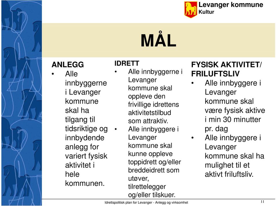 Alle innbyggere i Levanger kommune skal kunne oppleve toppidrett og/eller breddeidrett som utøver, tilrettelegger og/eller tilskuer.