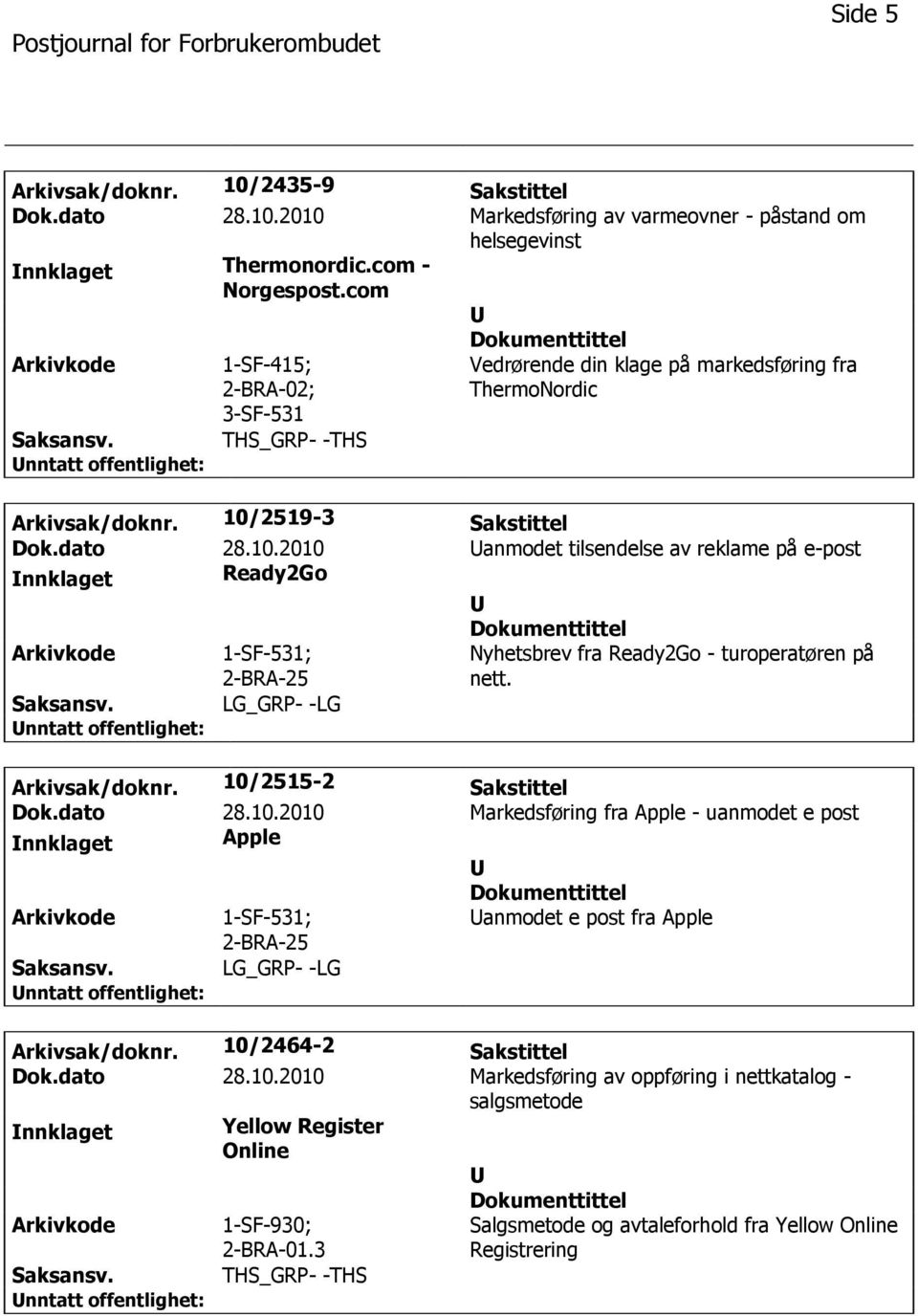 2519-3 Sakstittel Dok.dato 28.10.2010 anmodet tilsendelse av reklame på e-post Ready2Go 1-SF-531; Nyhetsbrev fra Ready2Go - turoperatøren på nett. LG_GRP- -LG Arkivsak/doknr.