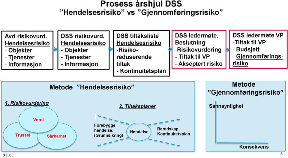 Beslutning -Risikovurdering - Tiltak til VP - Akseptert risiko DSS ledermøte VP -Tiltak til VP - Budsjett - Gjennomføringsrisiko 1.