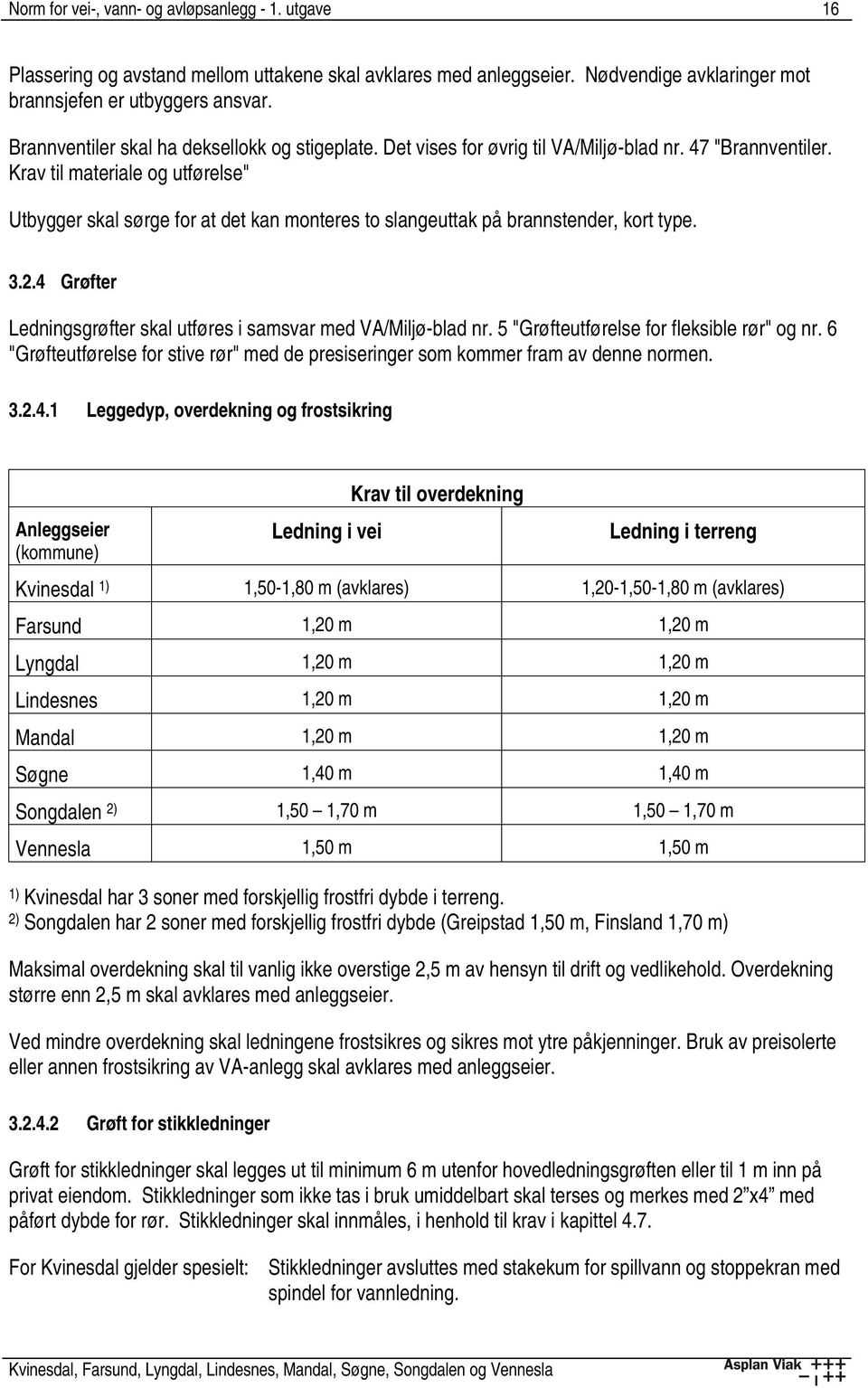 Krav til materiale og utførelse" Utbygger skal sørge for at det kan monteres to slangeuttak på brannstender, kort type. 3.2.4 Grøfter Ledningsgrøfter skal utføres i samsvar med VA/Miljø-blad nr.