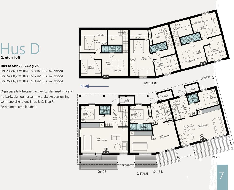 Snr 25: 86,0 m 2 BTA, 77,4 m 2 BRA inkl skibod Også disse leilighetene går over to plan med