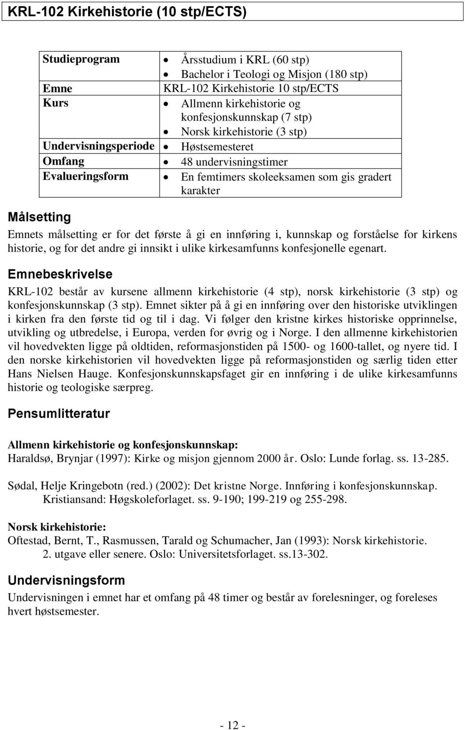 Emnets målsetting er for det første å gi en innføring i, kunnskap og forståelse for kirkens historie, og for det andre gi innsikt i ulike kirkesamfunns konfesjonelle egenart.